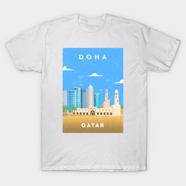 Doha, Qatar - Retro travel minimalist poster T-Shirt by GreekTavern